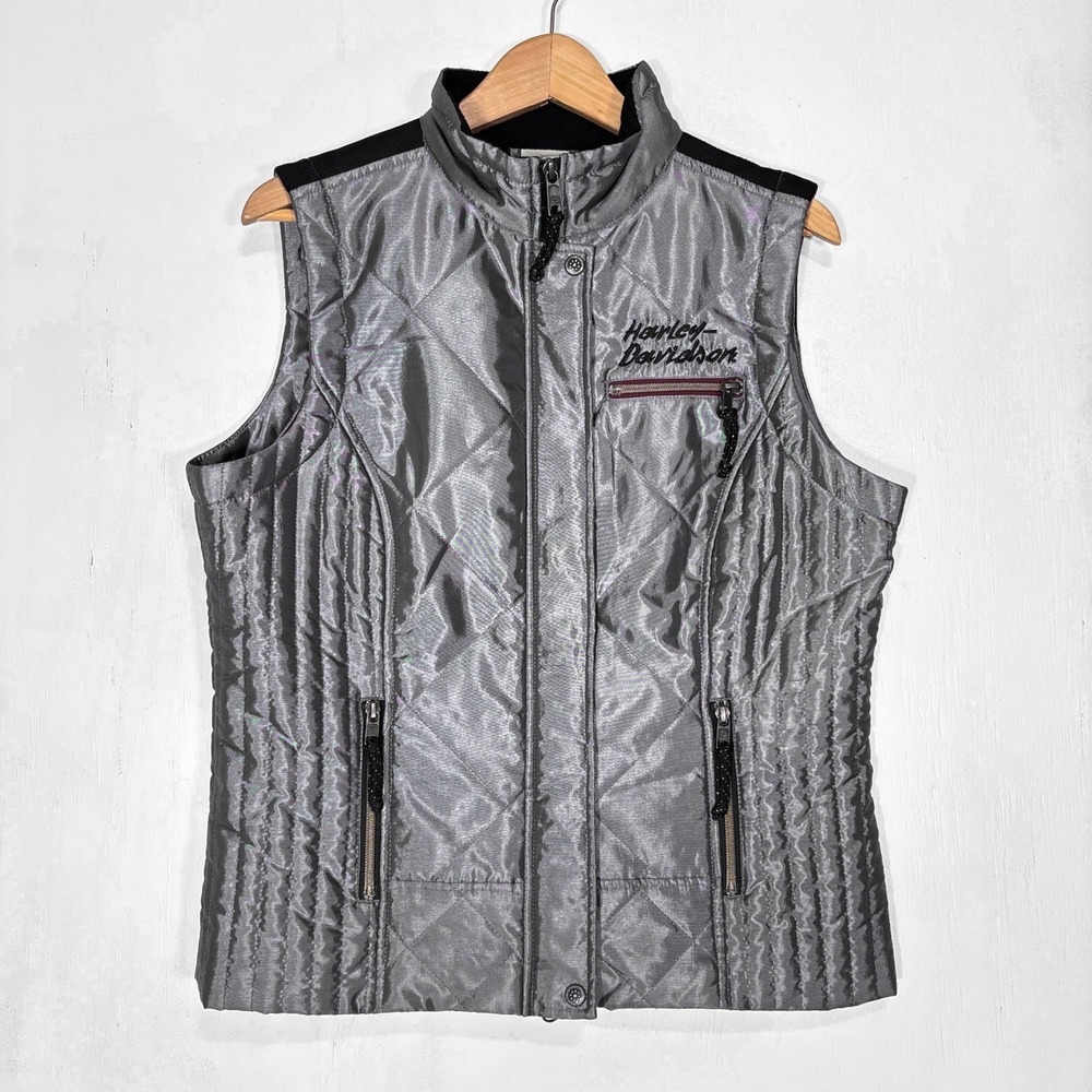 Harley-Davidson Womens Breezeway Metallic Silver Quilted Puffer Moto Vest LG - Picture 2 of 5